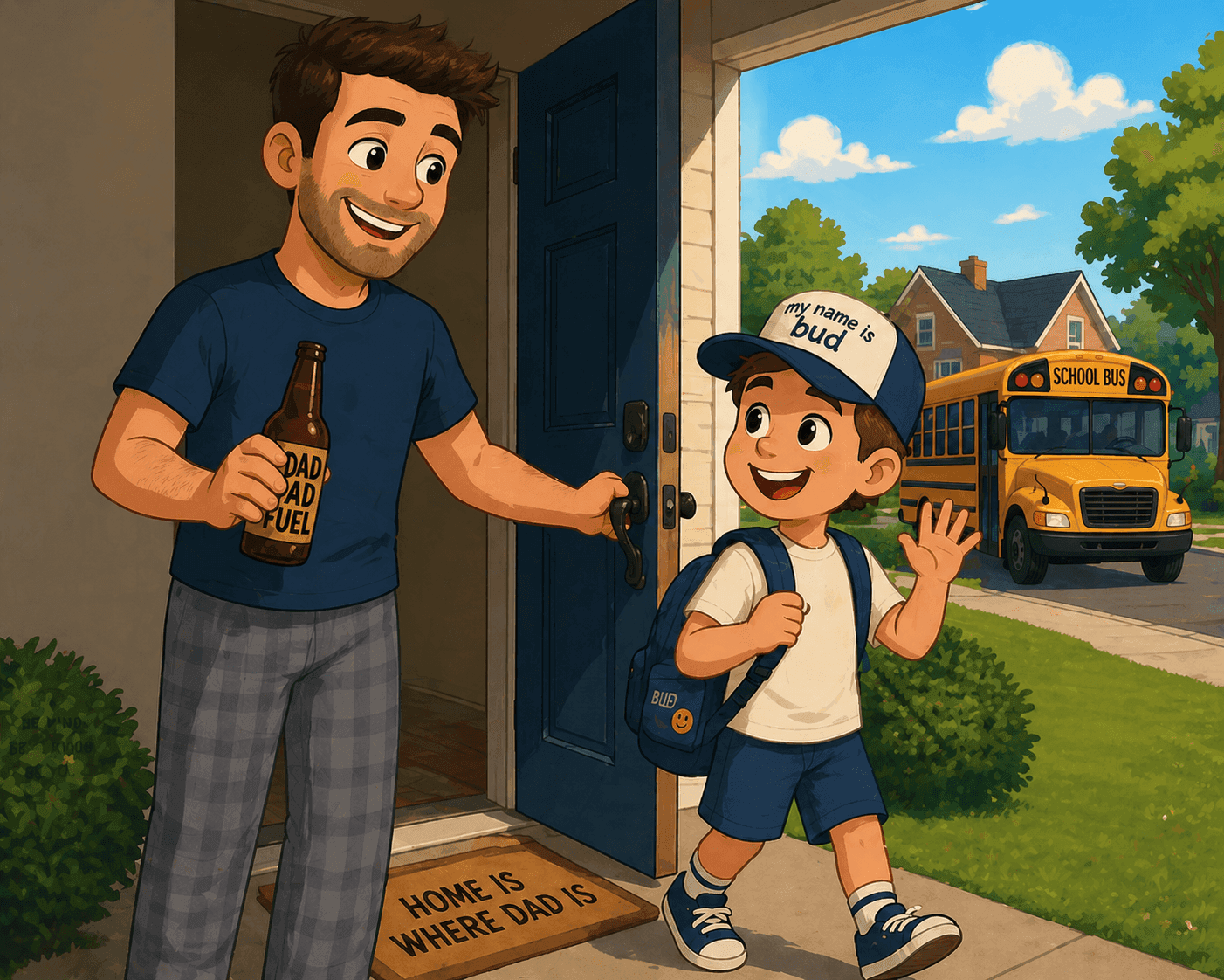 A cartoon student character near a school building with books
