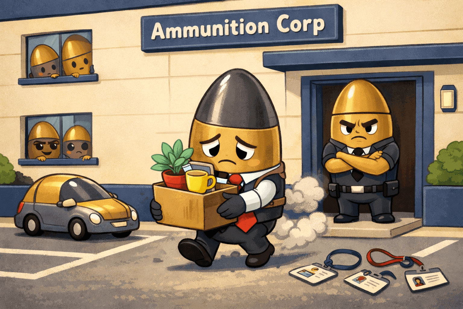 A cartoon bullet character looking dejected while carrying a box of belongings