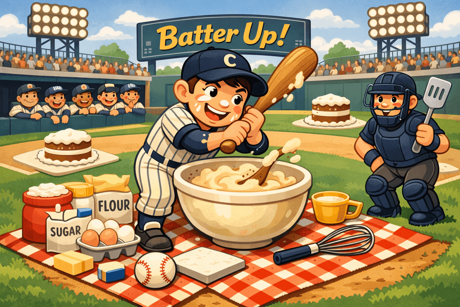 A cartoon baseball player mixing cake batter in a bowl wearing a baseball uniform