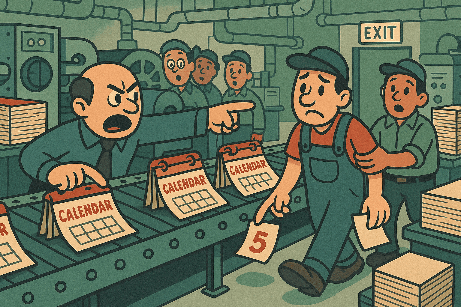 A cartoon factory worker being escorted out of a calendar factory while holding a calendar page, with an angry boss pointing at missing dates on calendars and production machinery in the background