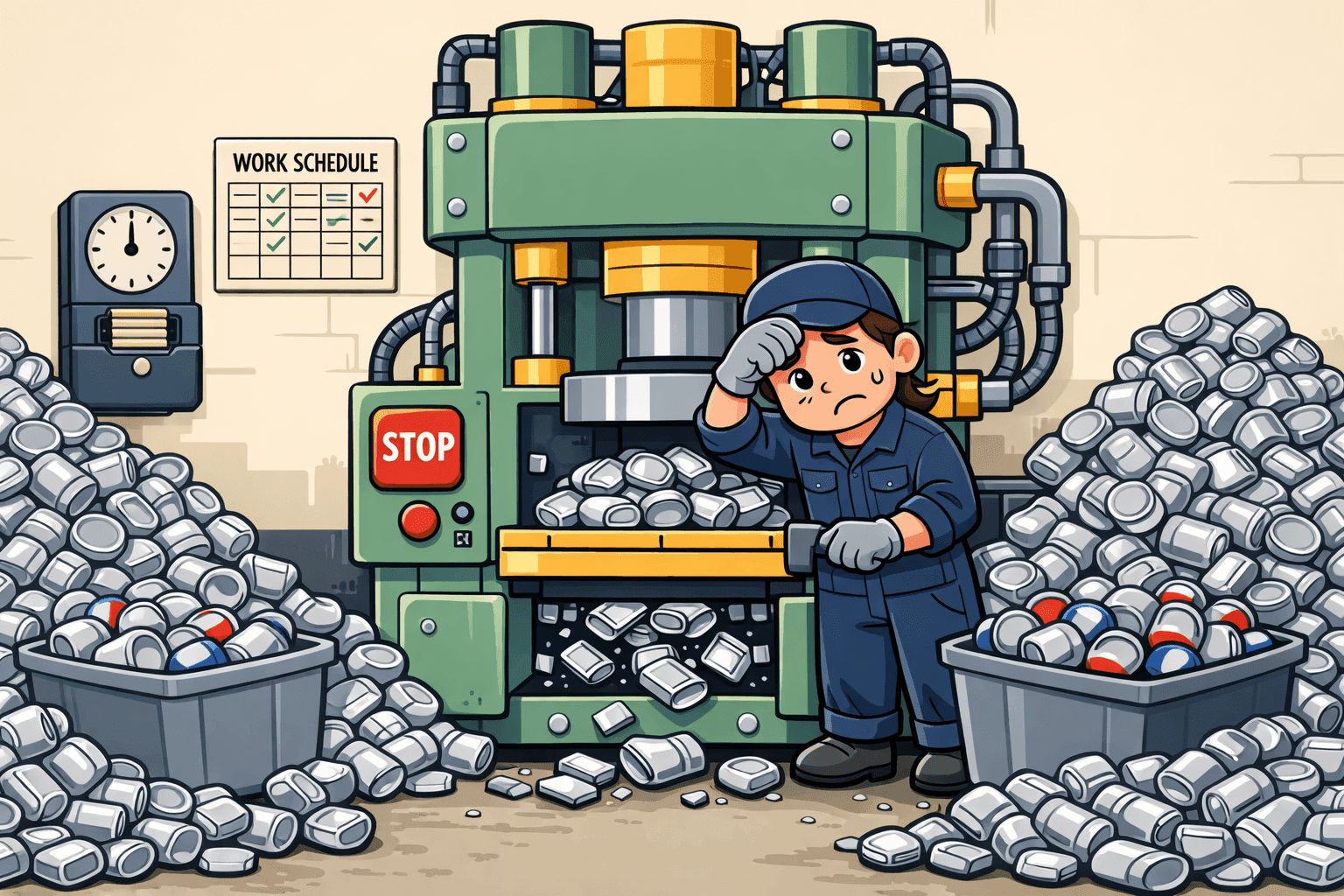 A cartoon person looking depressed next to a pile of crushed soda cans