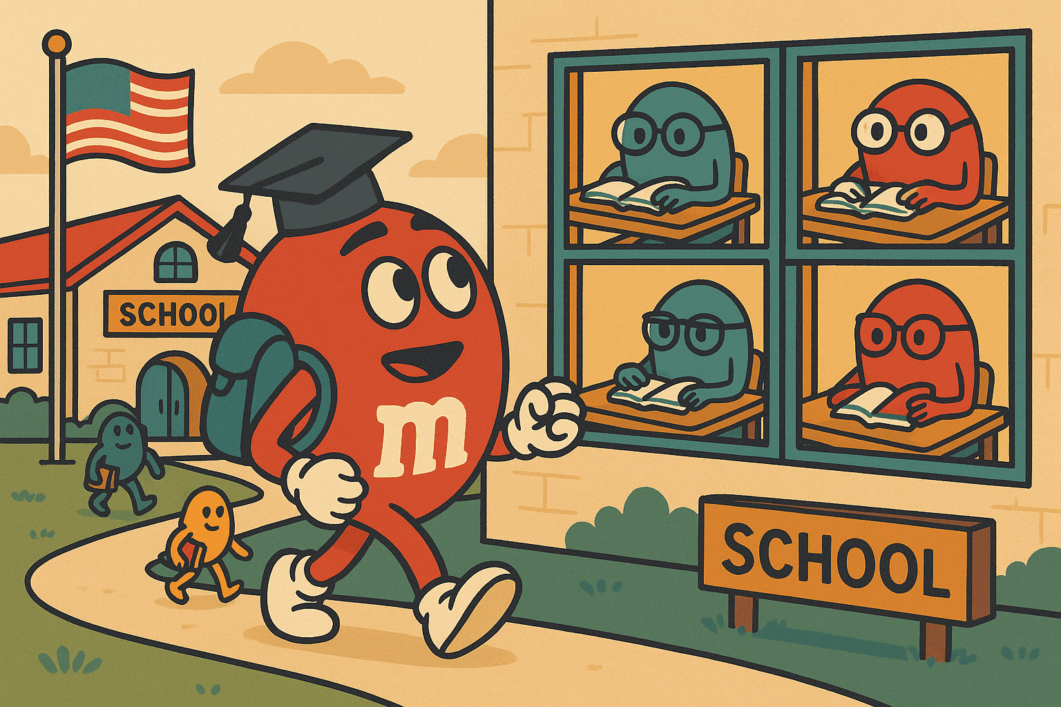 A cartoon M&M candy with a backpack and graduation cap walking into a school building, while Smarties candies in the classroom look accomplished and scholarly, creating the visual pun about candy education