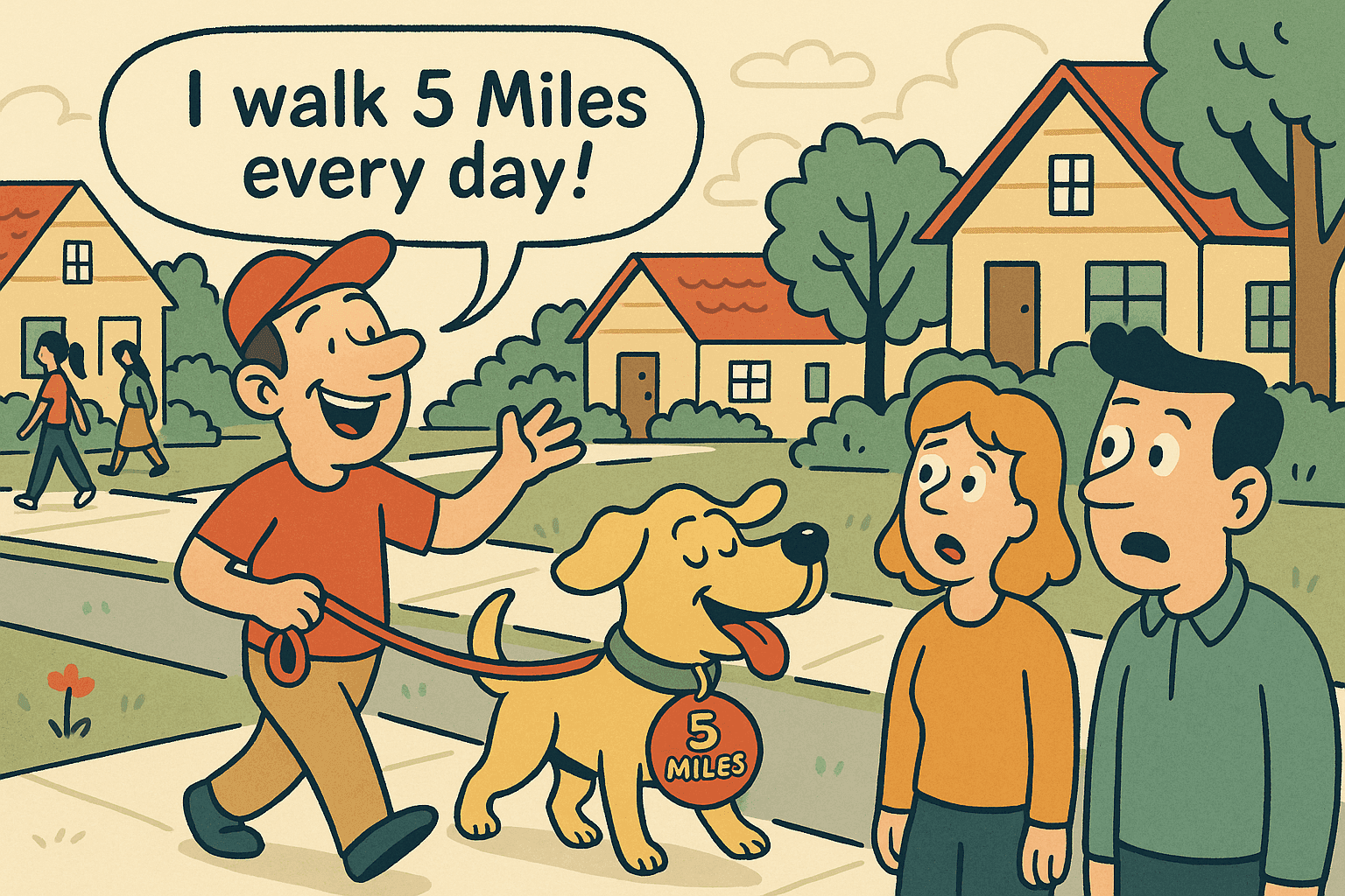 A humorous cartoon illustration of a proud man walking a dog wearing a name tag that says '5 Miles,' while telling impressed neighbors about walking '5 Miles' as the dog looks content