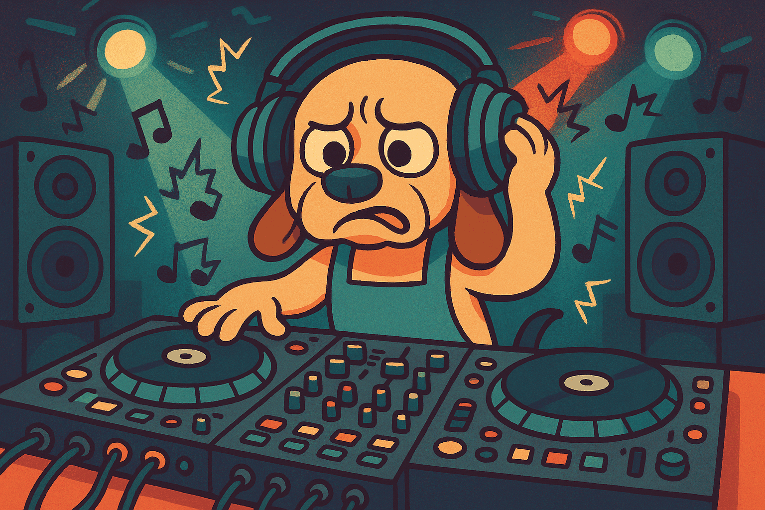 A humorous cartoon illustration of a dog with floppy ears wearing headphones and standing behind DJ turntables and mixing equipment, looking frustrated while musical notes with jagged, rough edges float around