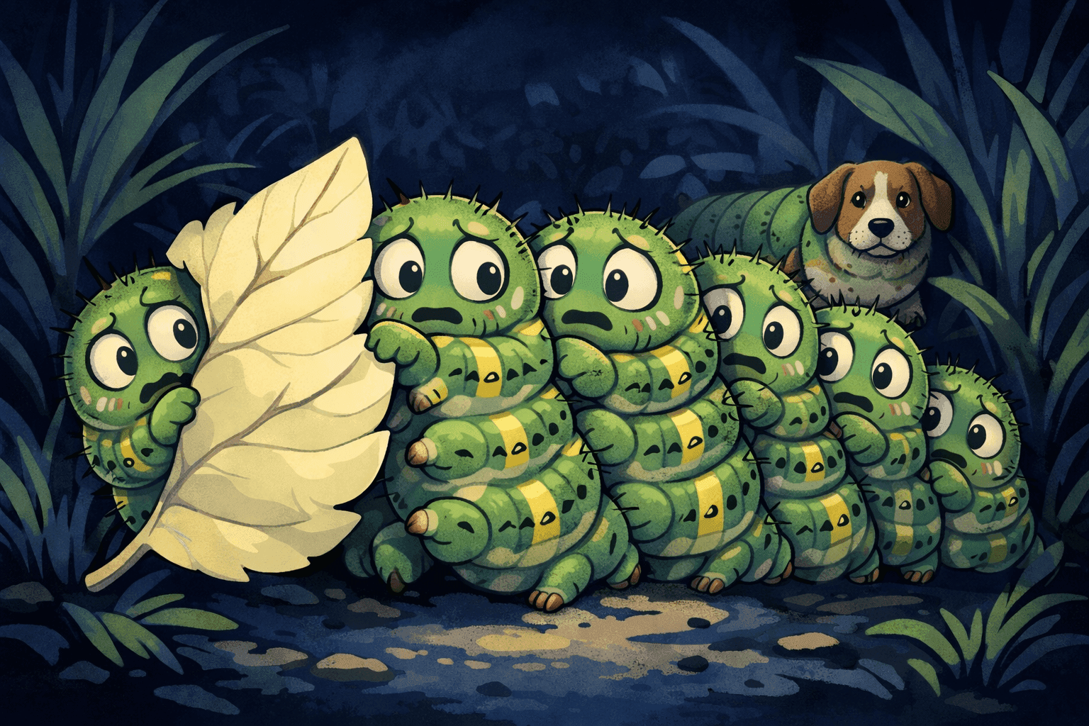 A cartoon caterpillar looking scared with worried expression