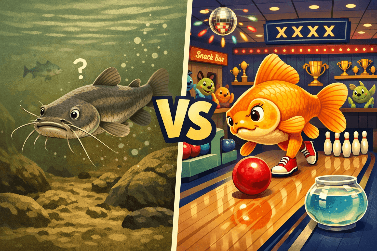 A cartoon goldfish in a bowling alley rolling a bowling ball