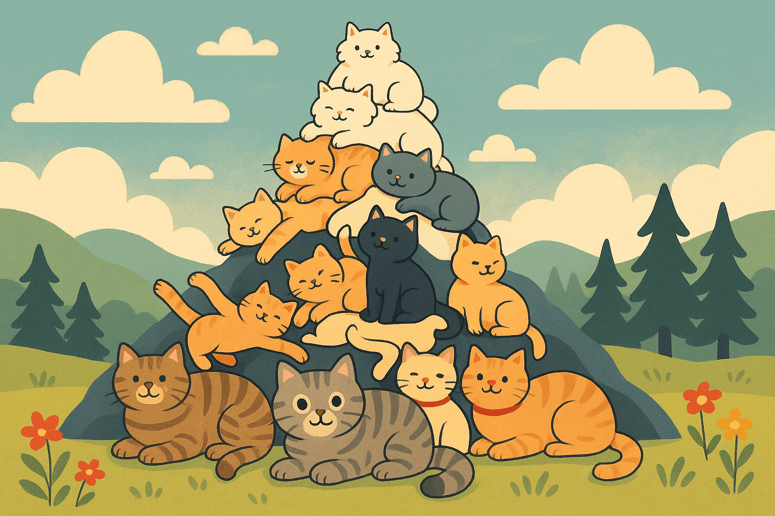Cartoon illustration of multiple adorable cats of different colors and sizes stacked on top of each other forming a mountain shape, with the cats at the bottom looking sturdy and cats at the top looking playful, snow-capped peak effect at the top with white cats, outdoor mountain landscape background with clouds and pine trees in cream, dark blue-gray, sage green, yellow, and bright red colors