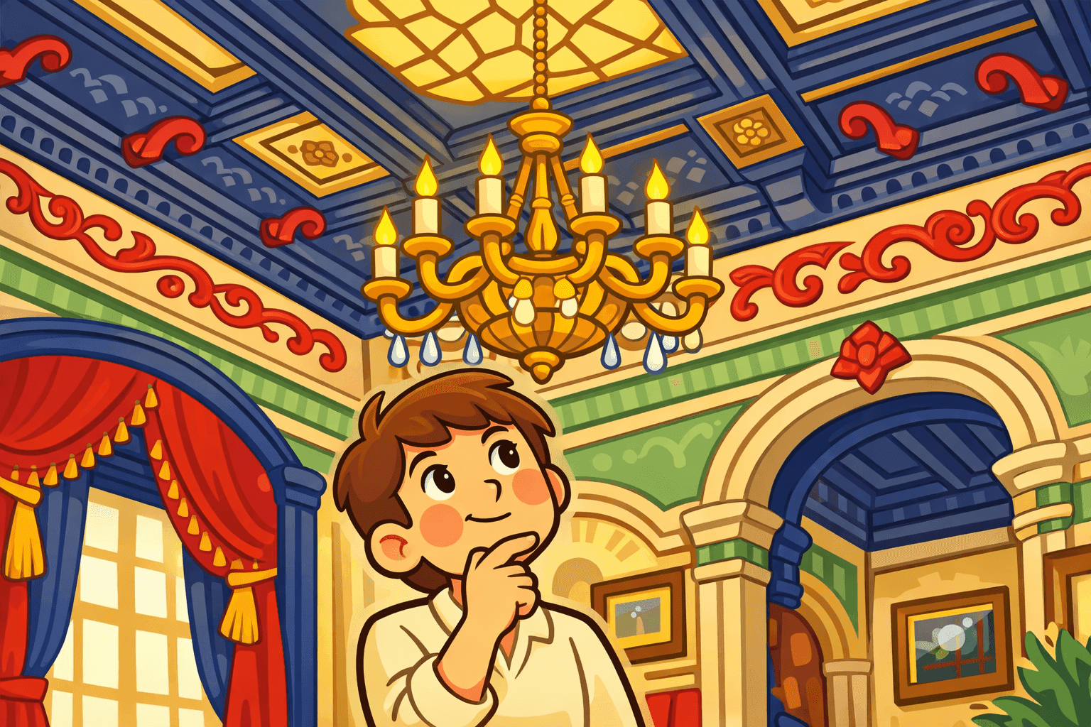 A cartoon person looking up at an ornate ceiling thoughtfully