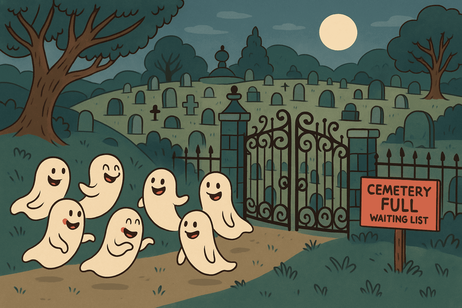 A cartoon graveyard with a long line of friendly ghost characters waiting patiently outside the entrance gate, with a 'FULL - WAITING LIST' sign, set in a peaceful cemetery with rolling hills and old trees