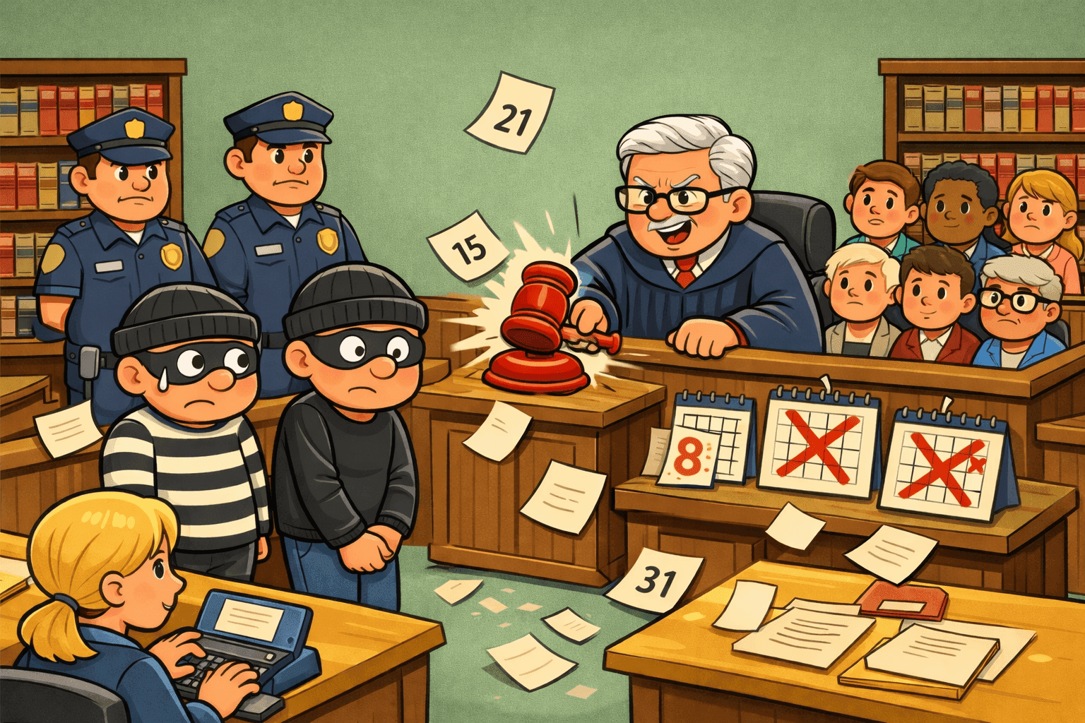 Cartoon thieves in court being sentenced by a judge