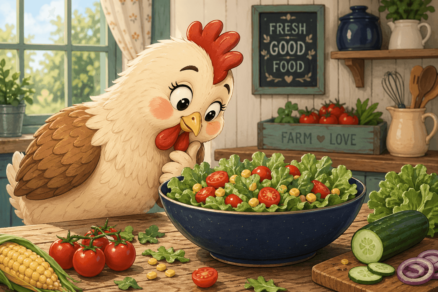 A cartoon chicken looking curiously at a bowl of salad on a table