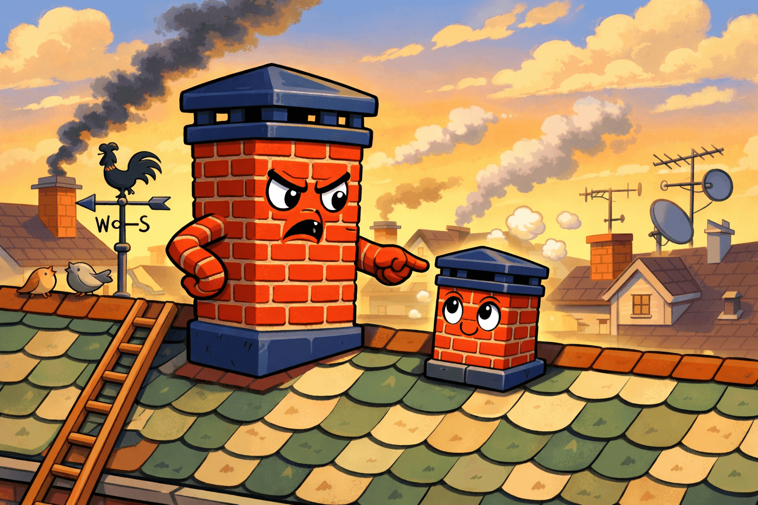 A cartoon large chimney talking down to a small chimney on a rooftop