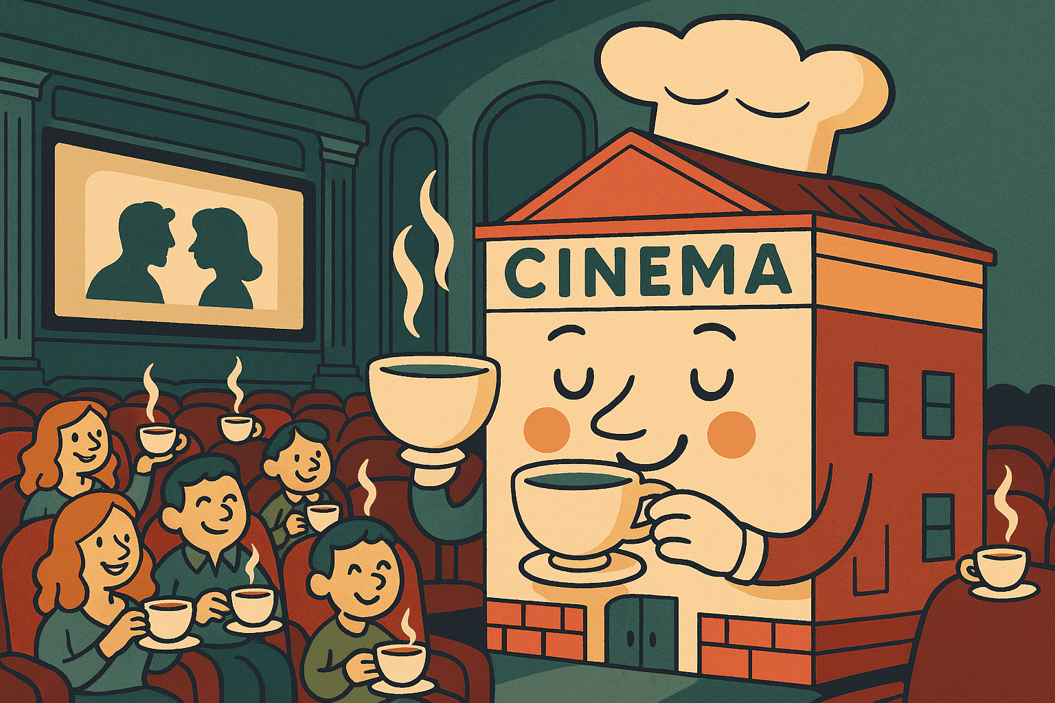A cartoon movie theater with a face sipping from a large teacup while a movie plays on the screen, with the theater seats filled with moviegoers also enjoying tea, creating the screen tea visual pun