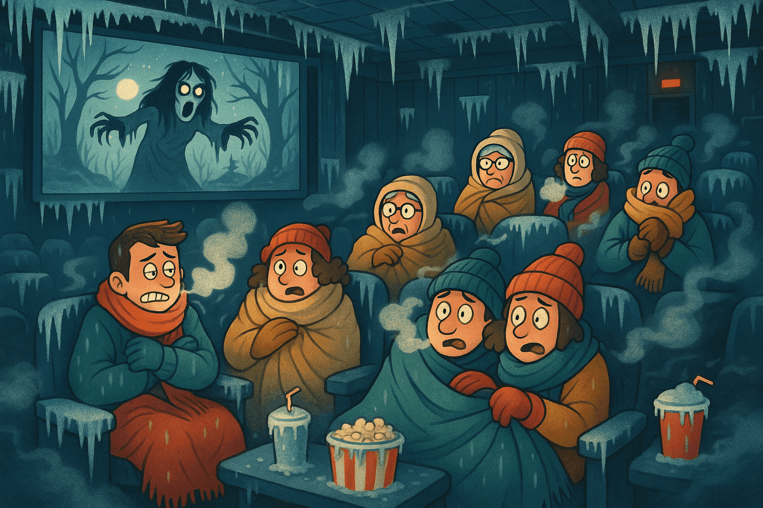 Cartoon illustration of a spooky movie theater with icy walls and frozen seats, people wrapped in blankets shivering while watching a scary movie on screen
