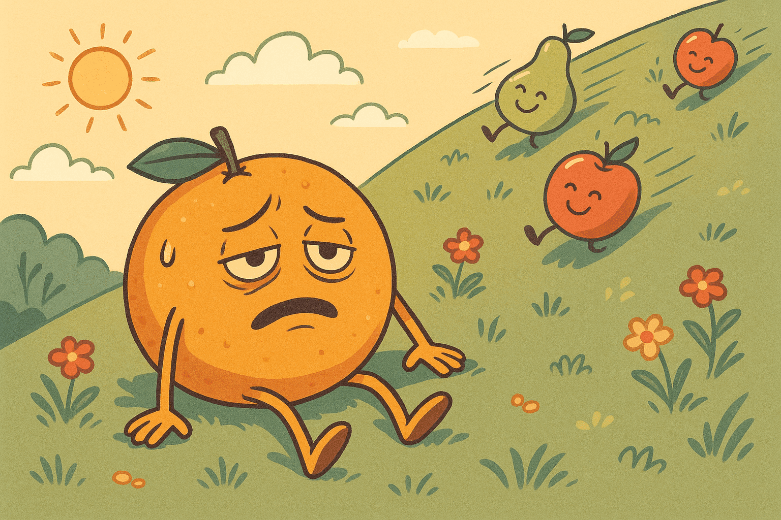 A humorous cartoon illustration of a tired-looking orange with arms, legs, and a weary expression sitting halfway down a grassy hill, looking exhausted while other fruits continue rolling past it
