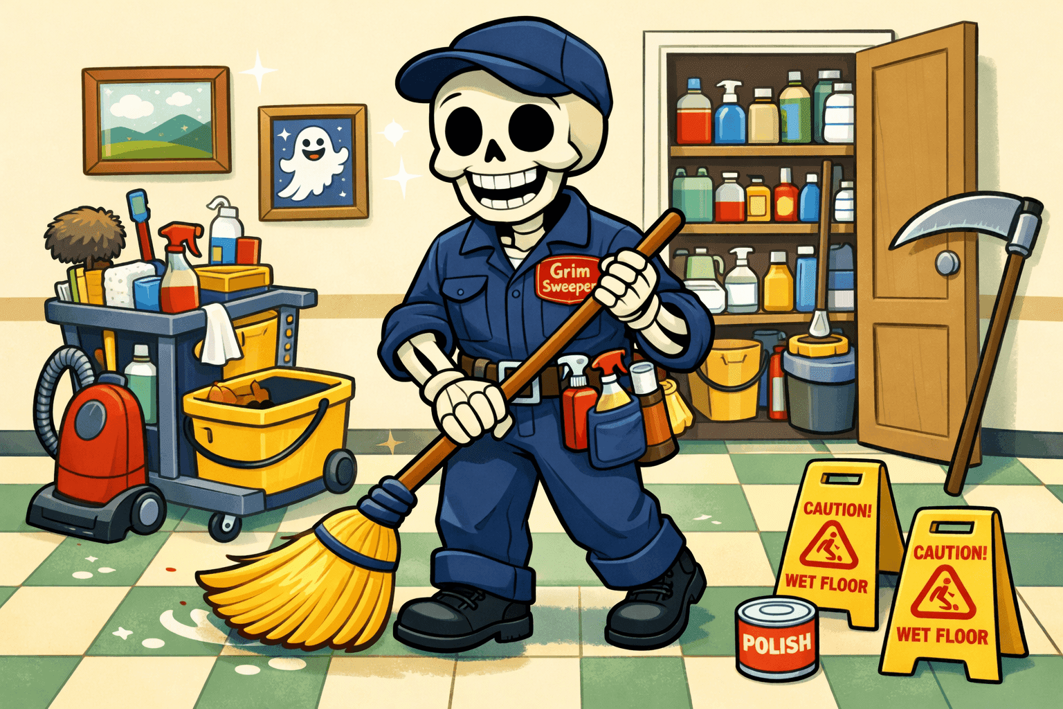 A cartoon skeleton wearing a janitor uniform sweeping with a broom