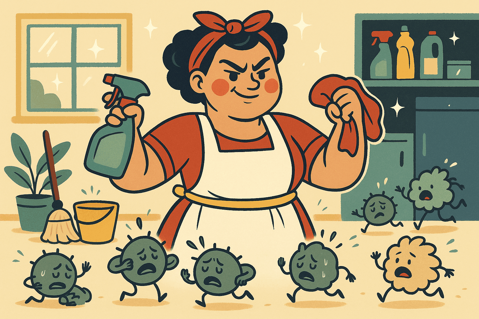 A cartoon mama character with cleaning supplies looking confident while anthropomorphic dirt particles with worried faces are bowing apologetically and fleeing before she even starts cleaning