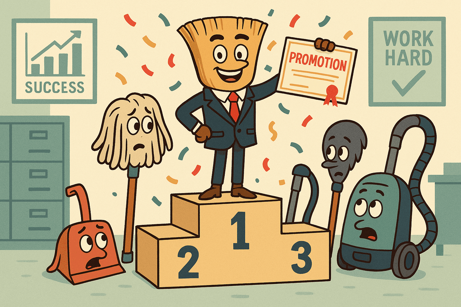 A cartoon broom wearing a business suit and tie standing proudly on a podium holding a promotion certificate, while other cleaning tools like mops and dustpans look on admiringly in an office setting