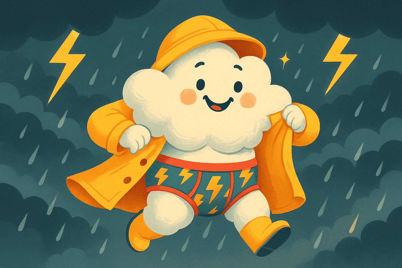A cartoon cloud with a friendly face wearing a yellow raincoat that's slightly open to reveal striped underwear with lightning bolt patterns, set in a stormy sky with rain drops and thunder in the background