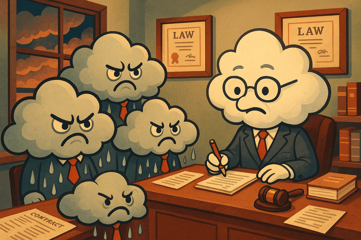 Cartoon illustration of angry clouds wearing business attire sitting in a law office across from a lawyer in a suit, with legal documents on a desk