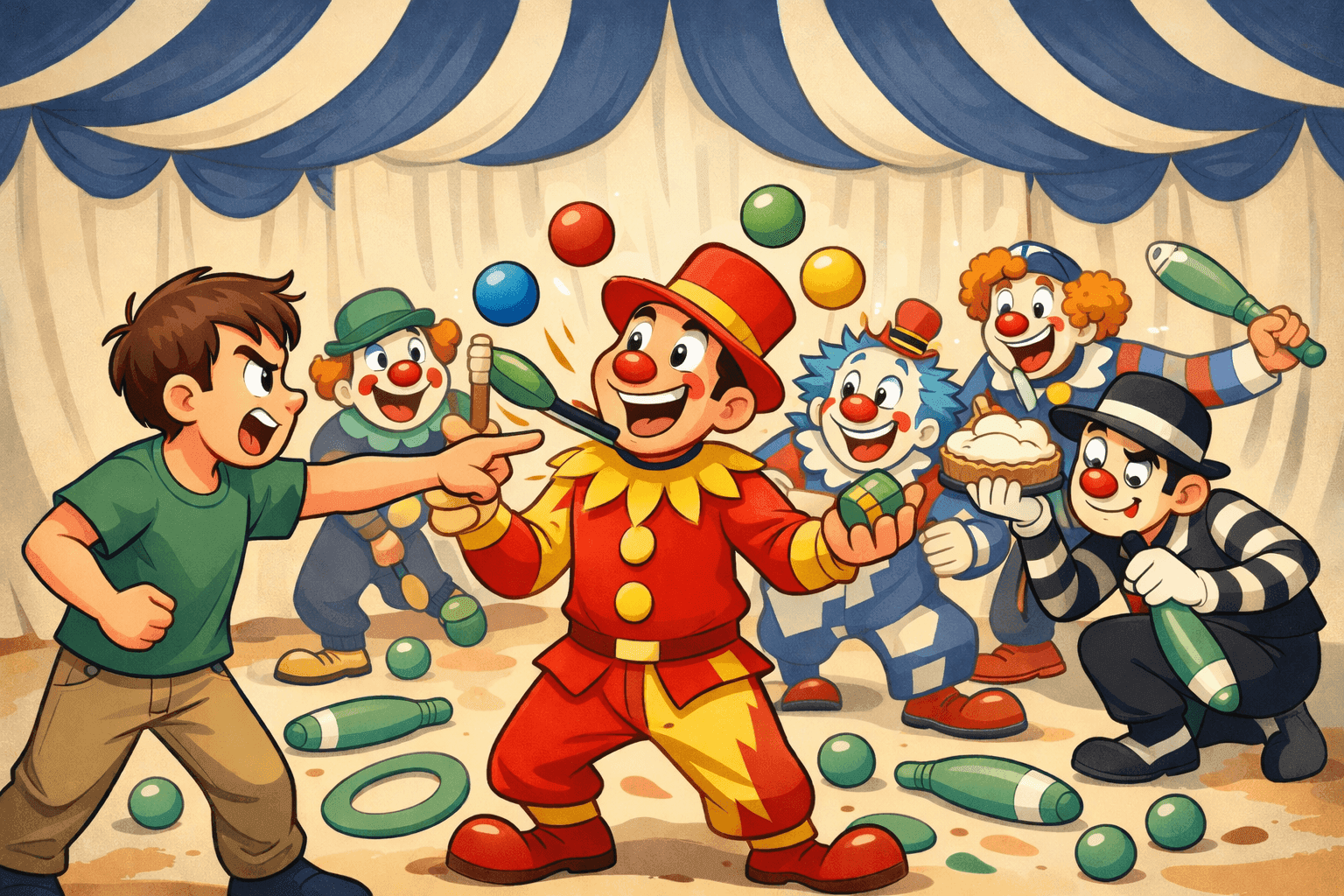 A cartoon person pointing at a juggler clown during a clown attack
