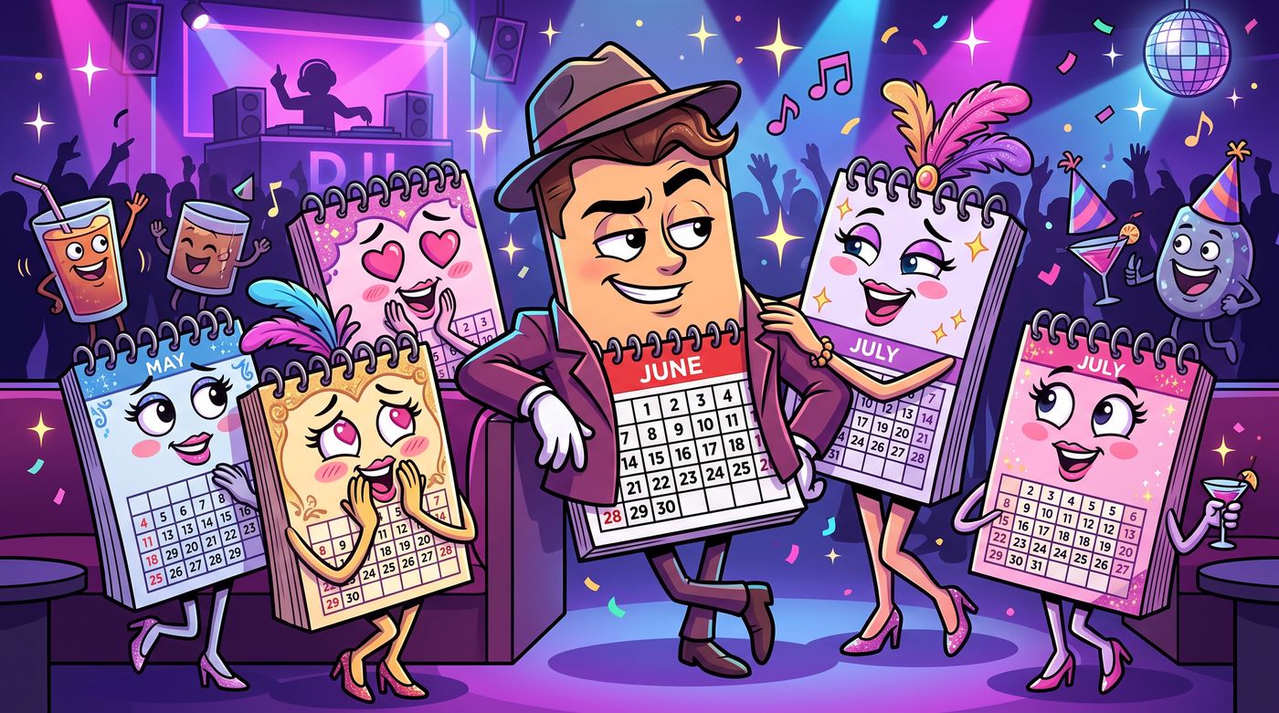 Cartoon of a smiling wall calendar signing autographs for a crowd of excited office supplies
