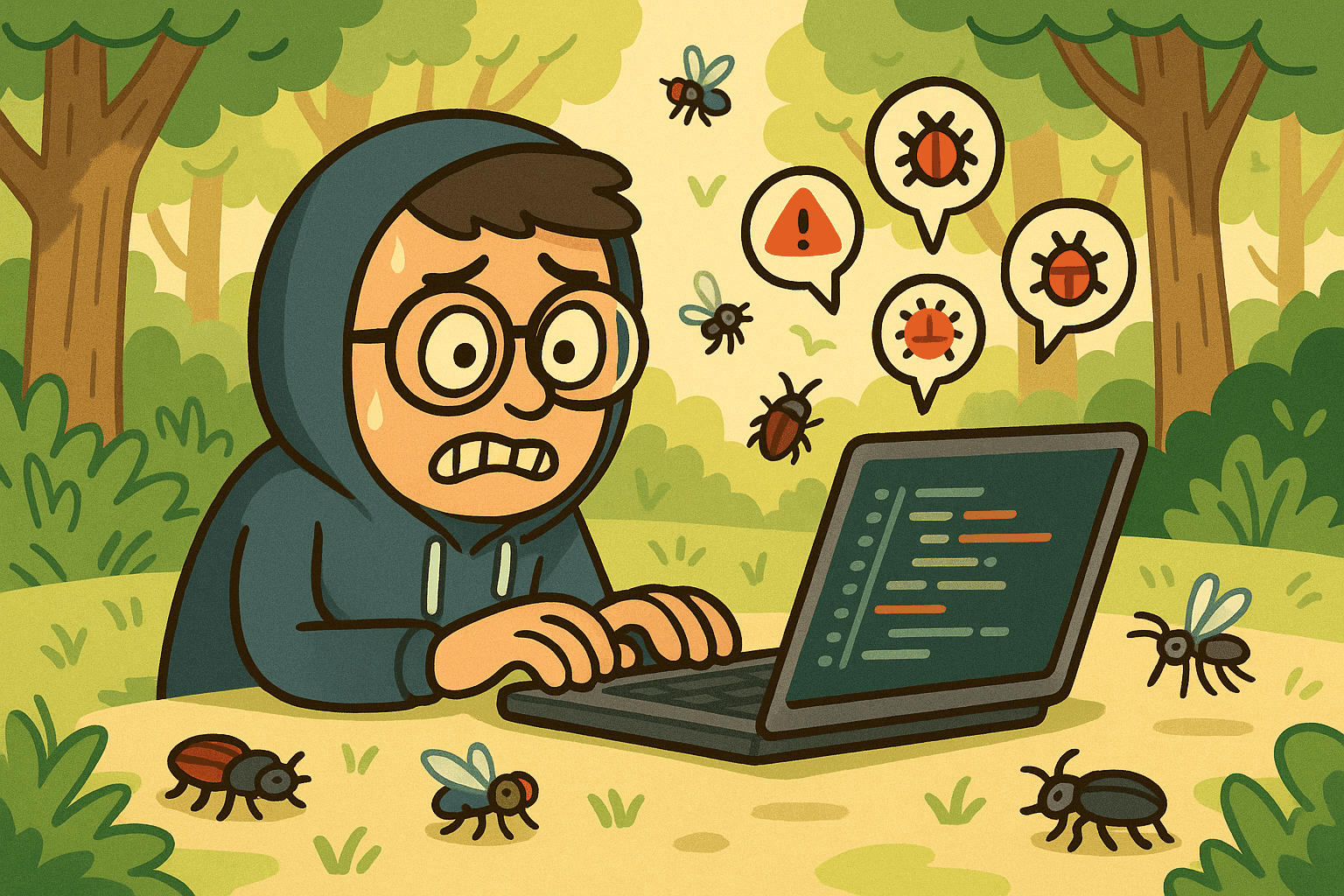 A cartoon programmer with glasses looking nervous at a laptop surrounded by actual bugs like beetles and flies in a forest setting, while code with bug icons floats on the screen