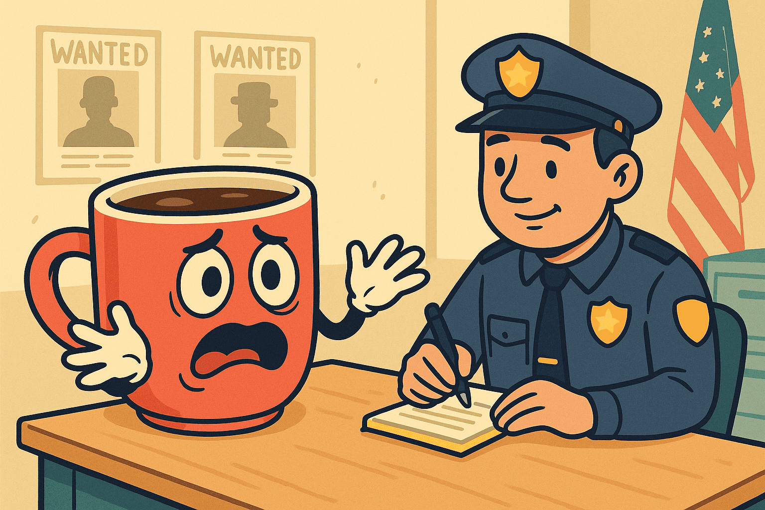 A cartoon coffee mug with worried eyes sitting at a police station desk talking to a police officer, with the coffee mug pointing to itself while explaining the crime that happened