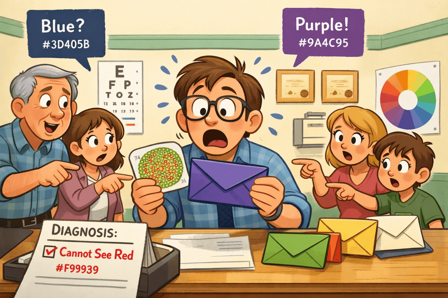 A cartoon person looking shocked at a blue envelope while others see purple