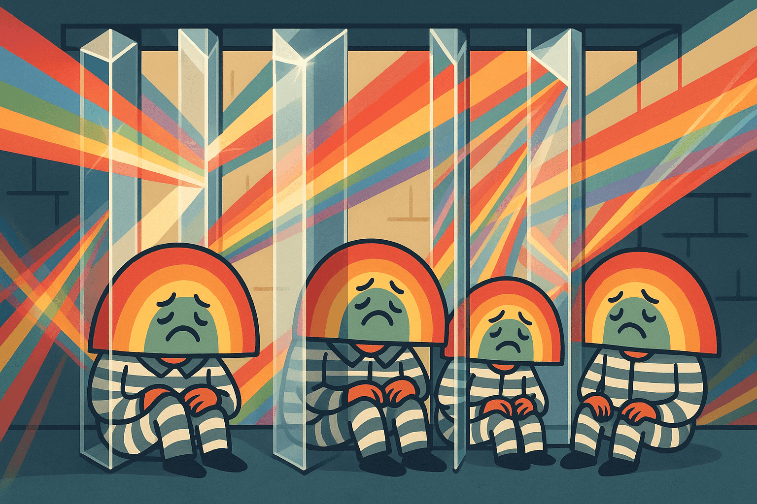 A humorous cartoon illustration of sad rainbow characters with arms and legs sitting behind prison bars made of glass prisms, with light refracting and splitting into colorful beams around them