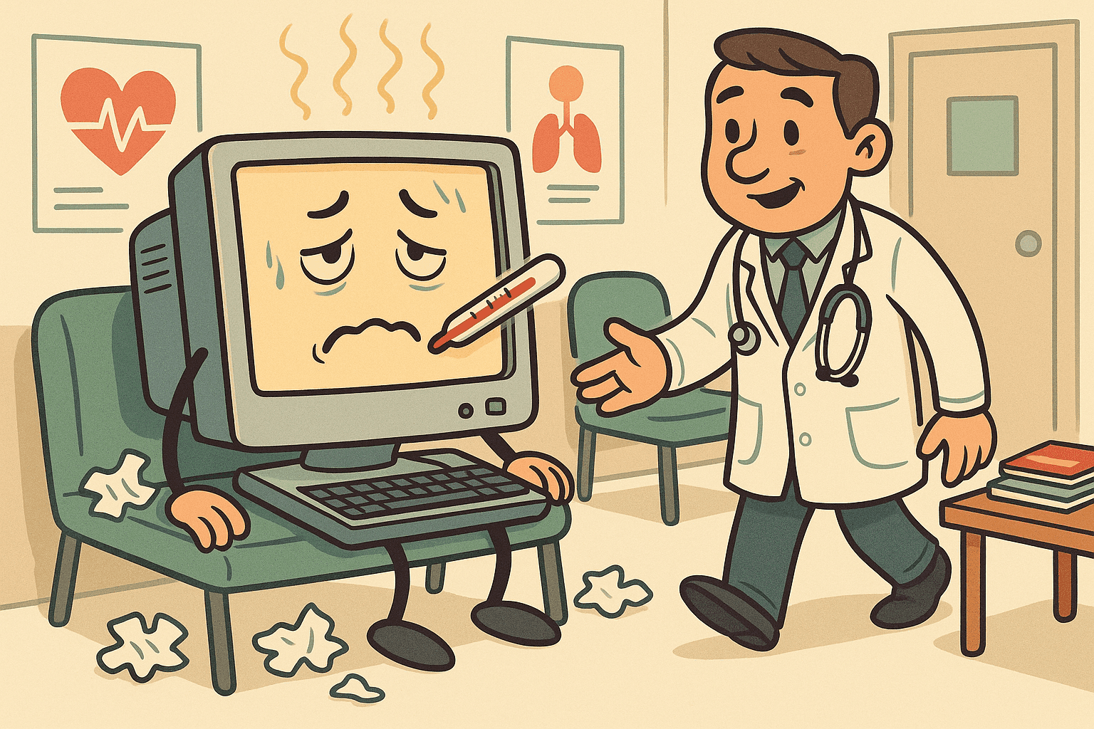 A cartoon computer with a thermometer in its USB port and tissues nearby, sitting in a doctor's office waiting room looking unwell, while a friendly doctor with a stethoscope prepares to examine it