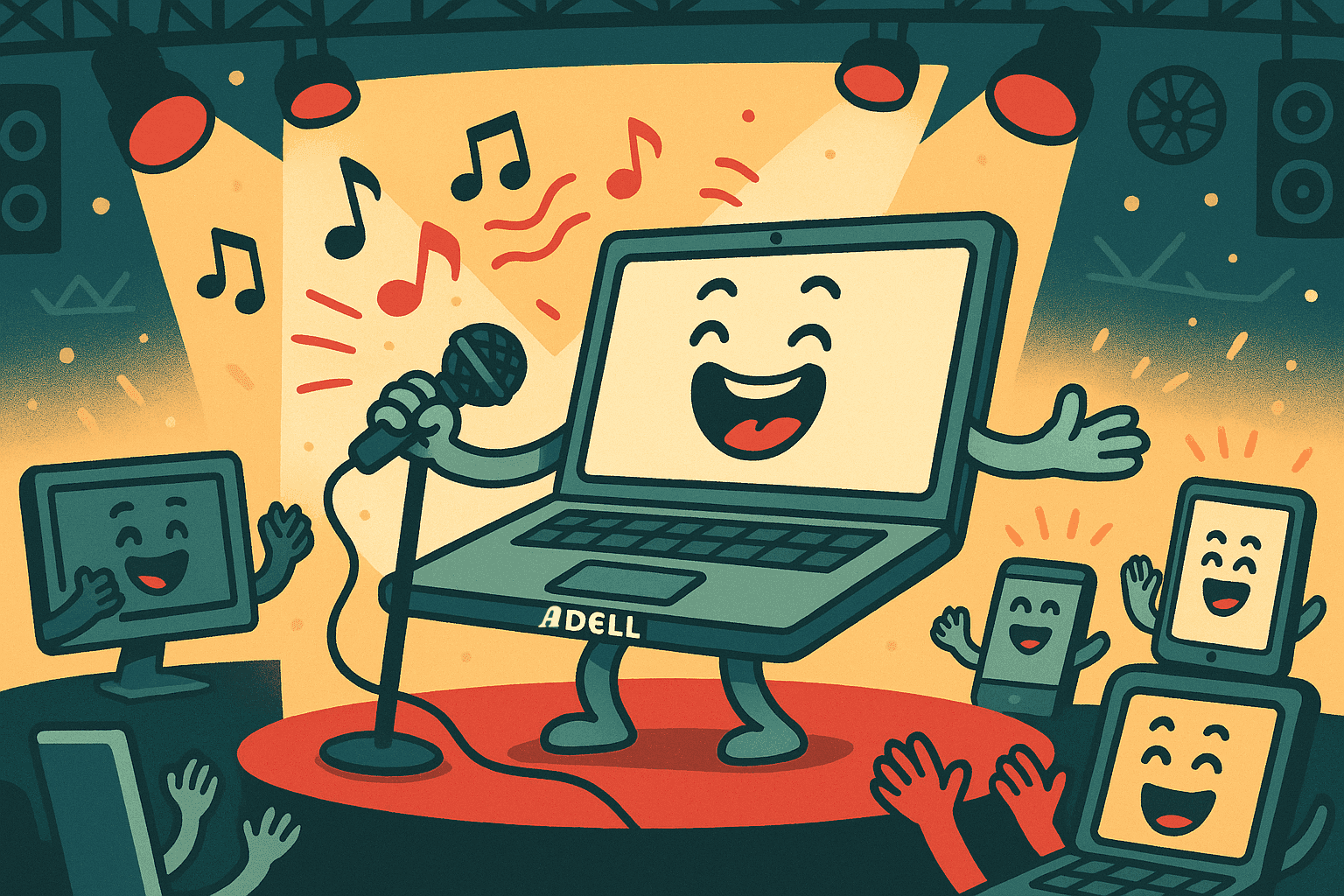A cartoon laptop with a microphone, singing on stage with musical notes floating around it, while an audience of other computers applauds, creating a visual pun about Dell computers