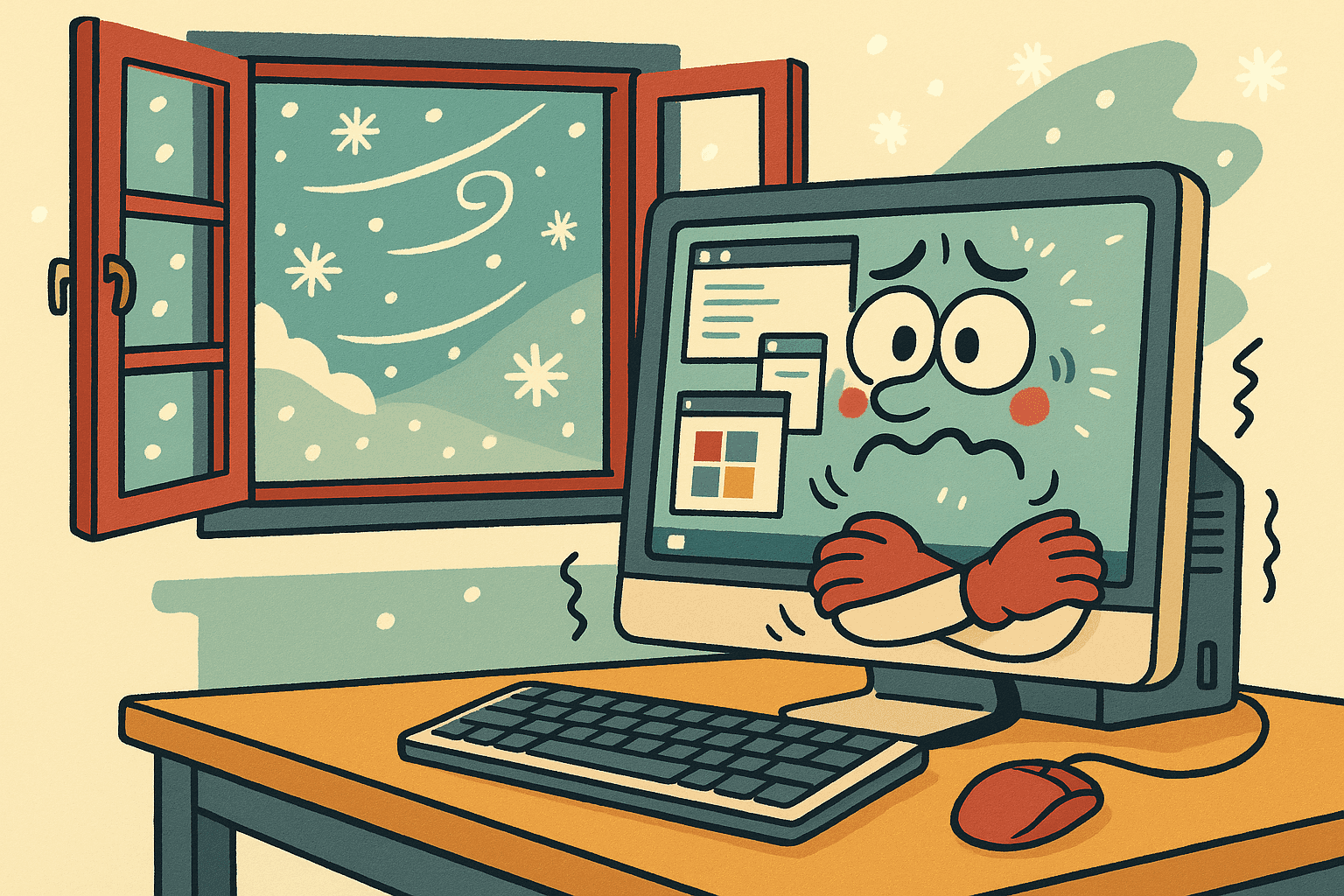 A cartoon computer with a shivering expression sitting at a desk, with actual open windows behind it letting in cold air and snow, while Windows software icons float around on the screen