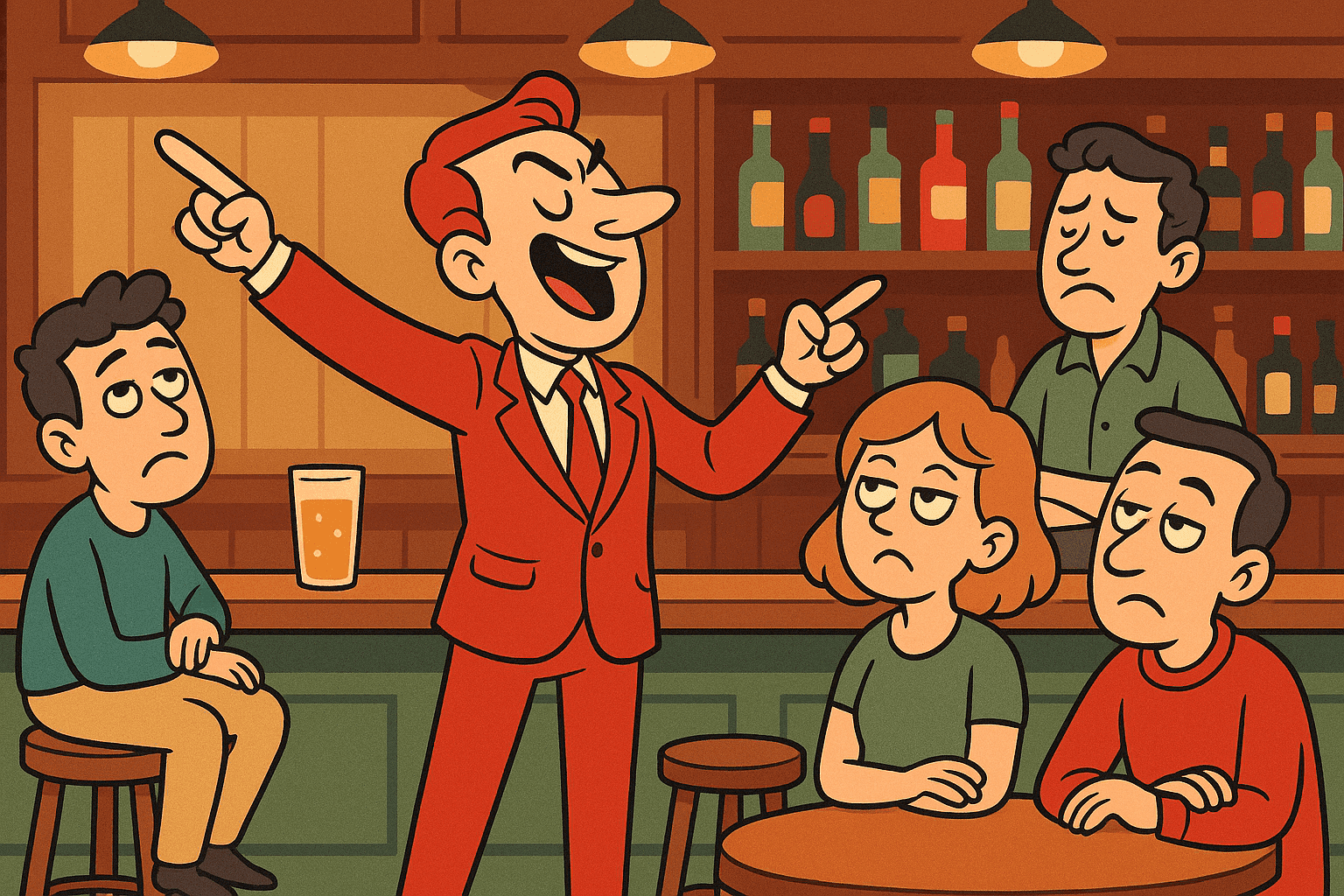 A humorous cartoon illustration of a demanding man in a suit pointing and gesturing authoritatively while other bar patrons look annoyed, with a bartender shaking his head in a classic pub setting
