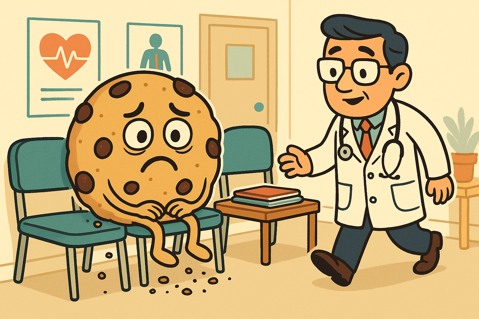 A cartoon cookie with a sad expression and some crumbs falling off sitting in a doctor's office waiting room, while a friendly doctor with a stethoscope prepares to examine the crumbly patient
