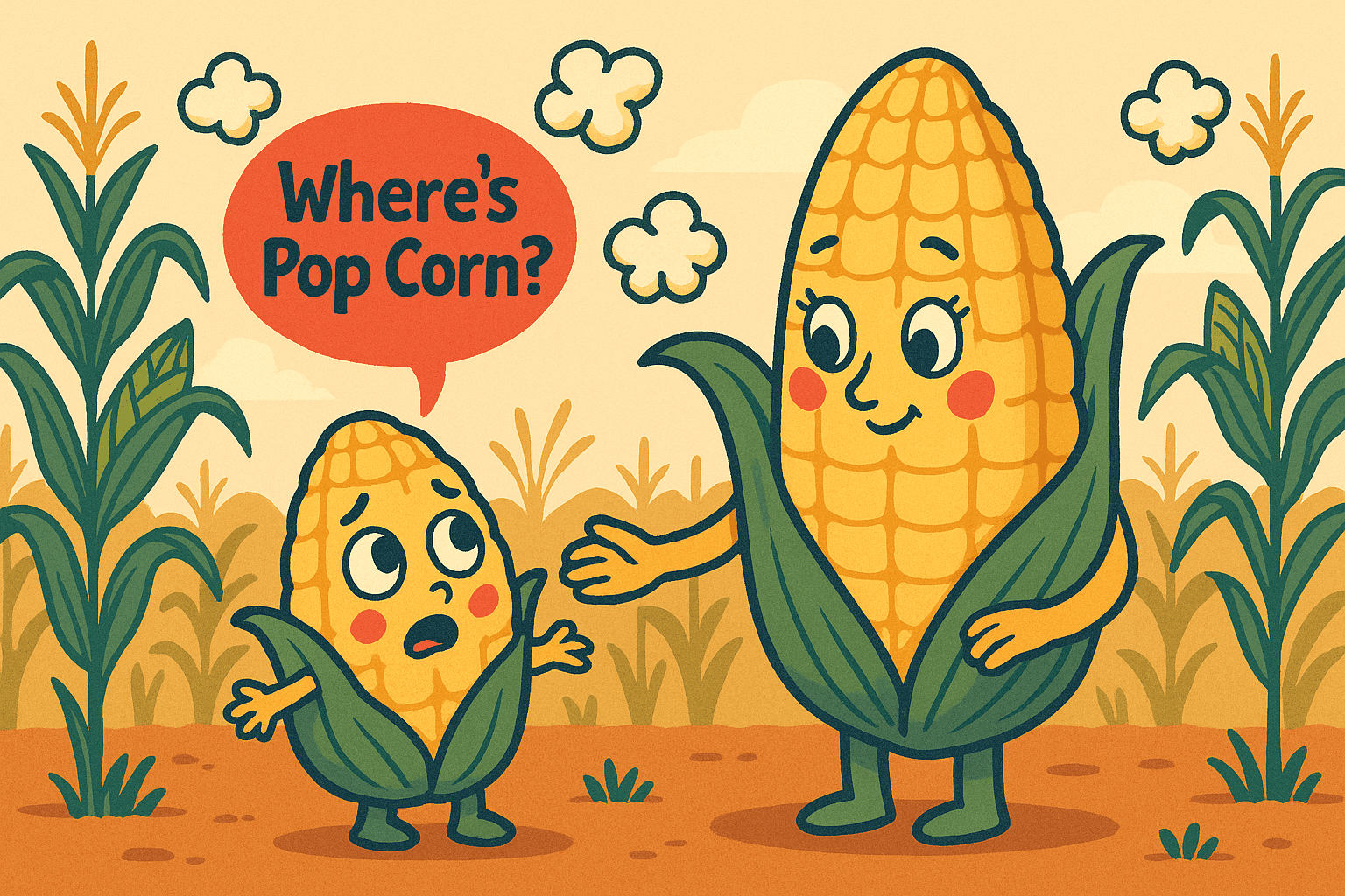 A humorous cartoon illustration of a small baby corn character looking up questioningly at a larger mama corn character, while popcorn pieces float around in the background