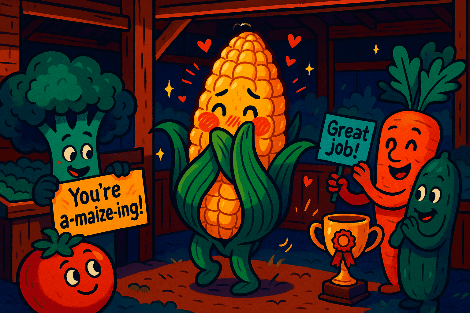 A blushing cartoon corn cob looking bashful and happy after receiving a compliment