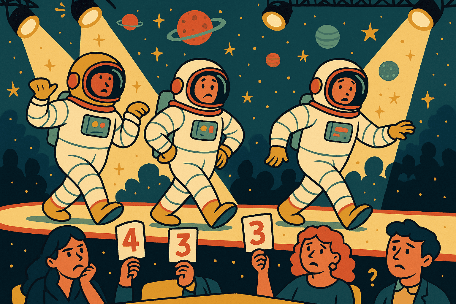 A humorous cartoon illustration of disappointed astronauts in bulky spacesuits standing on a fashion runway while judges with confused expressions hold up low scores, with stars and planets in the background