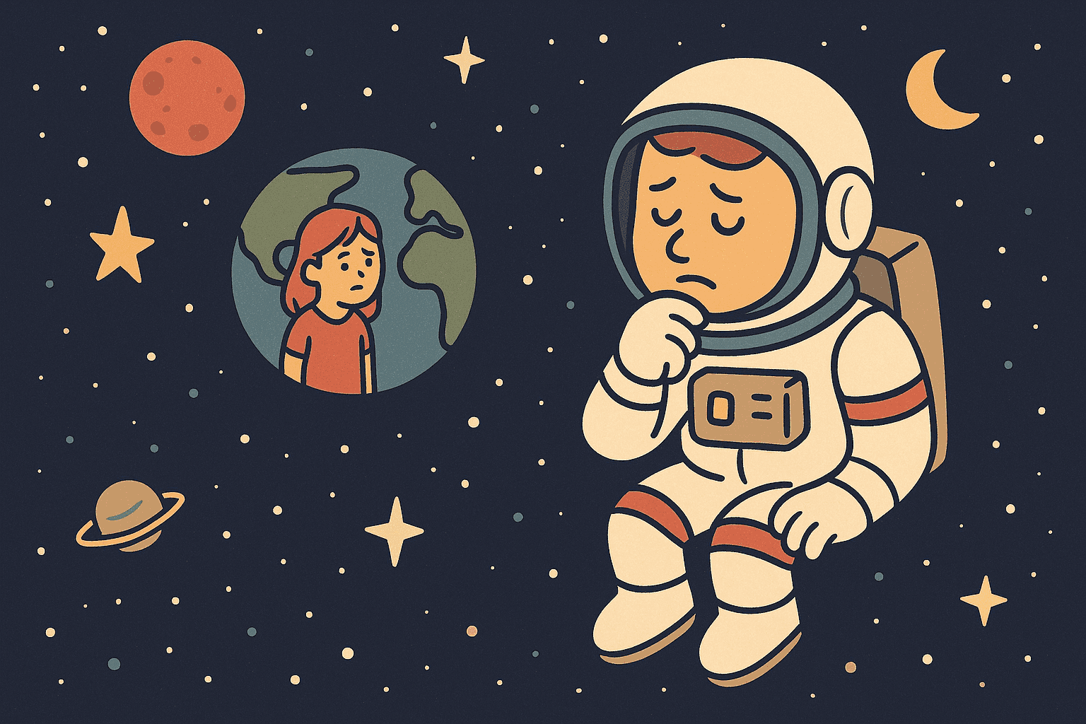 A cartoon astronaut in a space suit floating alone in space looking thoughtful, while Earth is visible in the distance with a sad girlfriend figure on it, surrounded by stars and planets