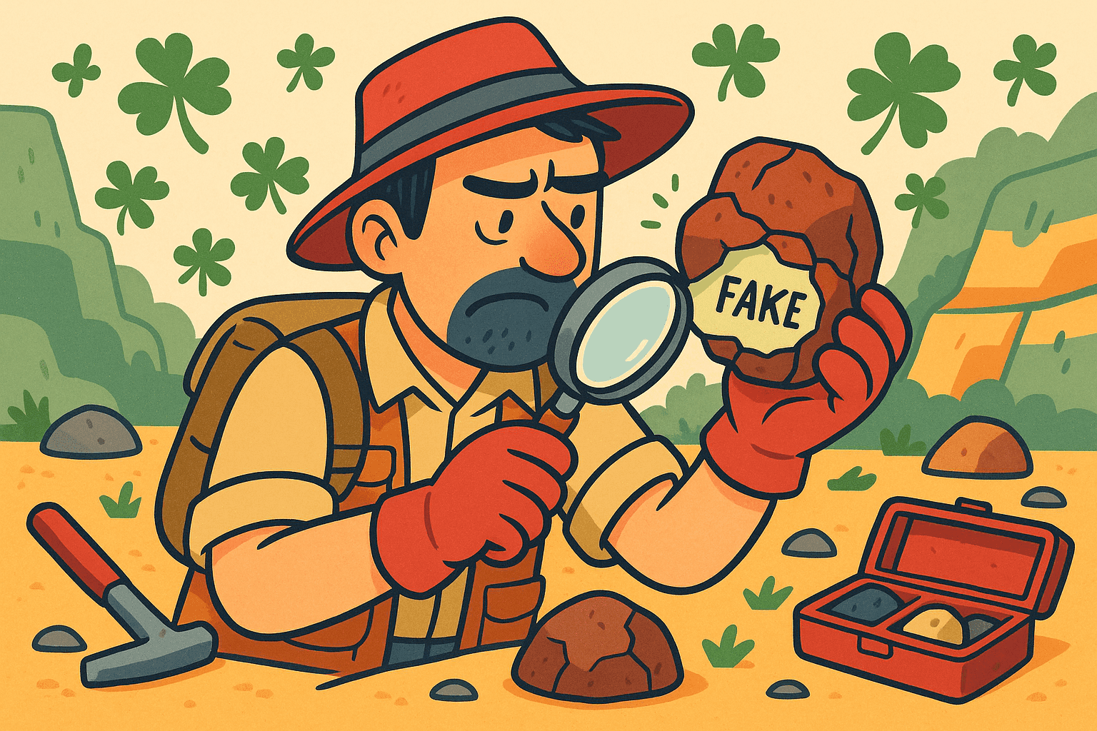 A humorous cartoon illustration of a geologist examining a suspicious rock with a magnifying glass, revealing it's actually made of plastic or foam, with shamrock clovers scattered around