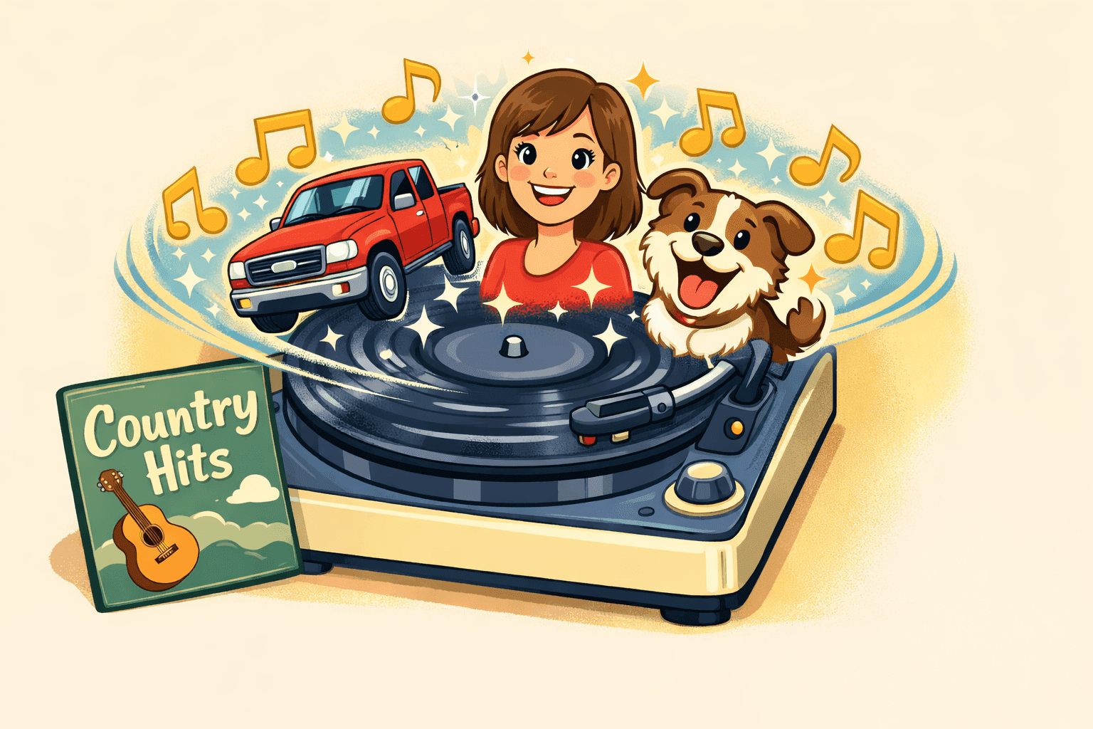 A cartoon turntable playing a country record backwards with happy endings appearing