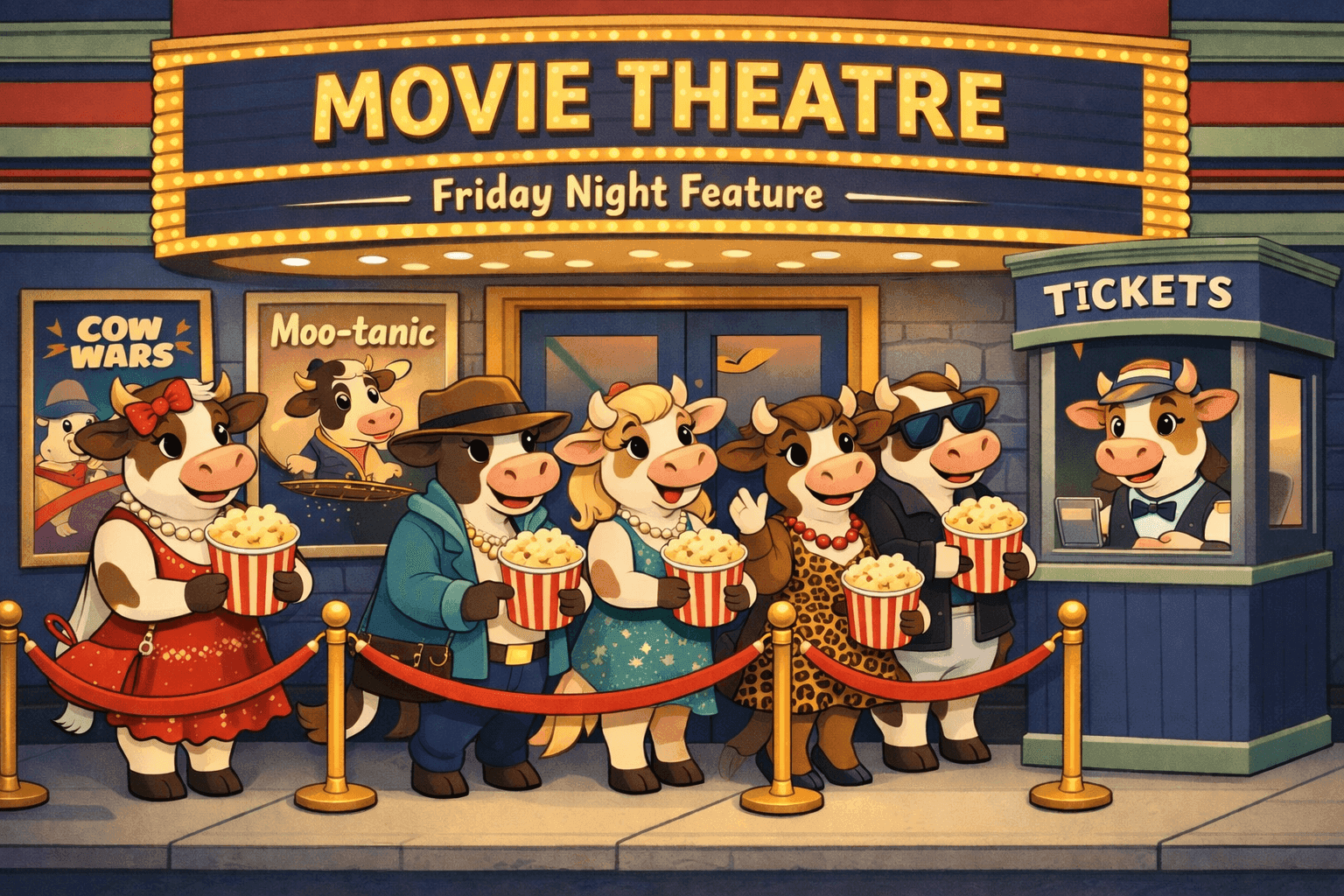 Cartoon cows lined up at a movie theater buying tickets and popcorn