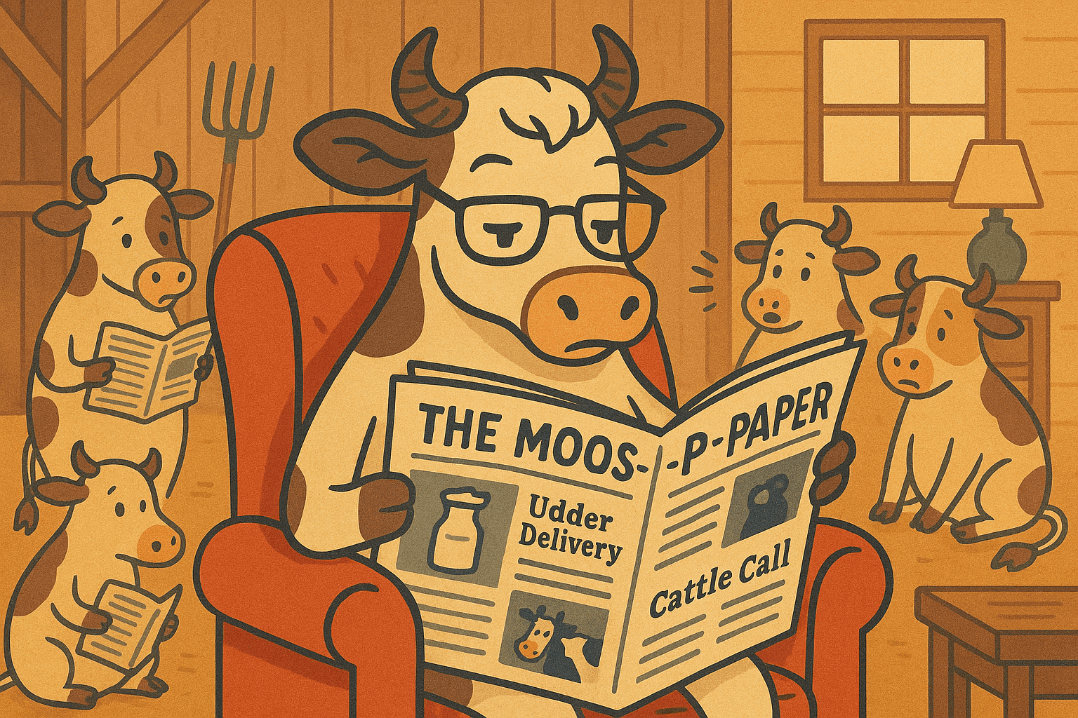 A cartoon cow wearing reading glasses sitting in a comfortable chair reading a newspaper titled 'The Moos-Paper' with headlines about farm news, while other cows gather around listening to the news