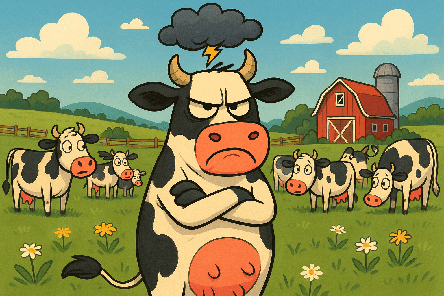 Cartoon illustration of an irritated cow with frowning face and crossed arms standing in pasture, storm cloud over its head, other cheerful cows grazing nearby looking confused, green farmland setting in cream, dark blue-gray, sage green, yellow, and bright red colors