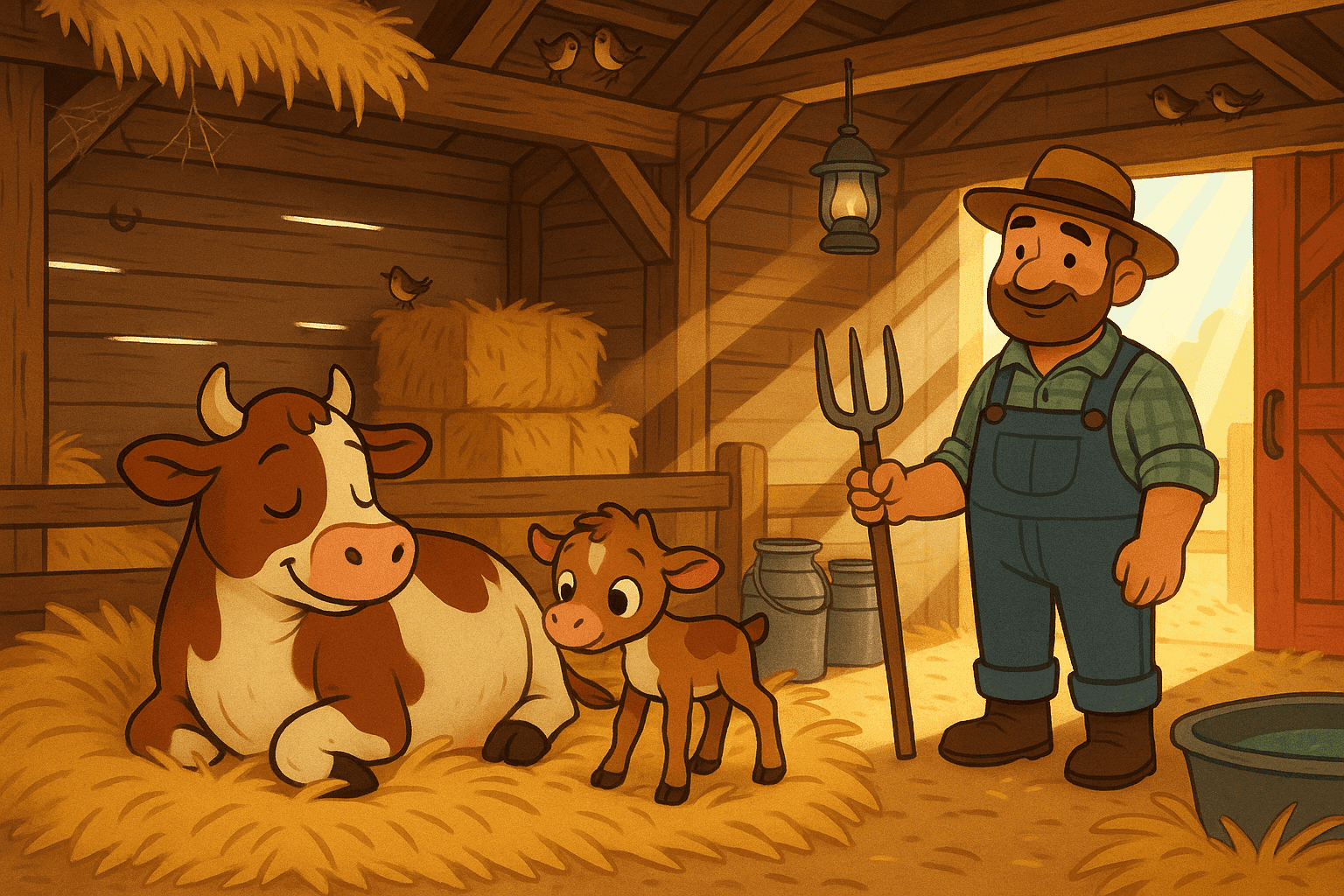 Cartoon illustration of an exhausted but happy cow lying in hay in a red barn, with a adorable newborn calf standing nearby, farmer looking on with a smile, barn interior with wooden beams, hay bales, milk pails, and morning sunlight streaming through open doors in cream, dark blue-gray, sage green, yellow, and bright red colors