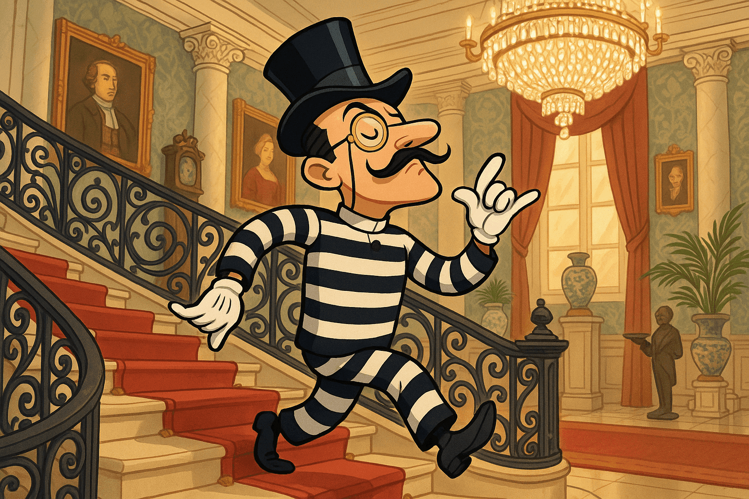 Cartoon illustration of a snobbish criminal in striped prison outfit with nose in air walking down elegant spiral staircase, monocle and top hat, mansion interior with chandelier and portraits in cream, dark blue-gray, sage green, yellow, and bright red colors