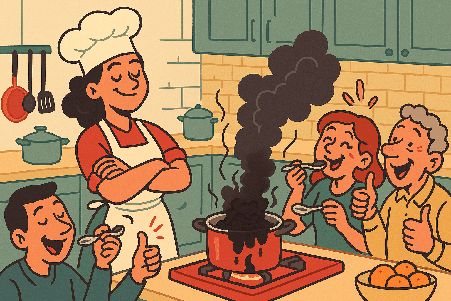A humorous cartoon illustration of a confident woman chef in a kitchen with a pot of water that's somehow burnt and smoking, yet people are tasting it with delighted expressions and giving compliments