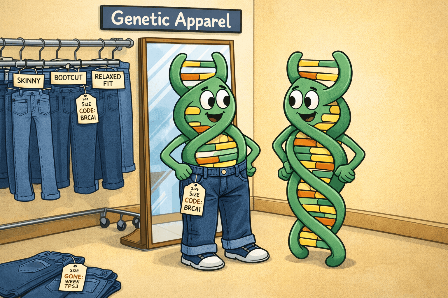 Cartoon DNA double helix strands looking in a mirror trying on jeans