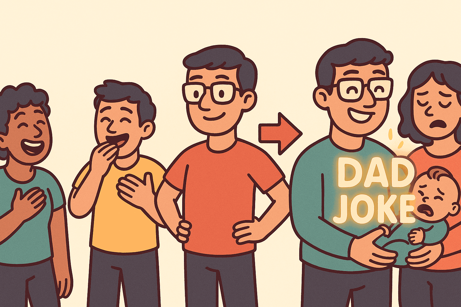 A humorous cartoon illustration of a transformation showing a regular person telling jokes morphing into a dad with a baby, with the punchline becoming visible and clear between them
