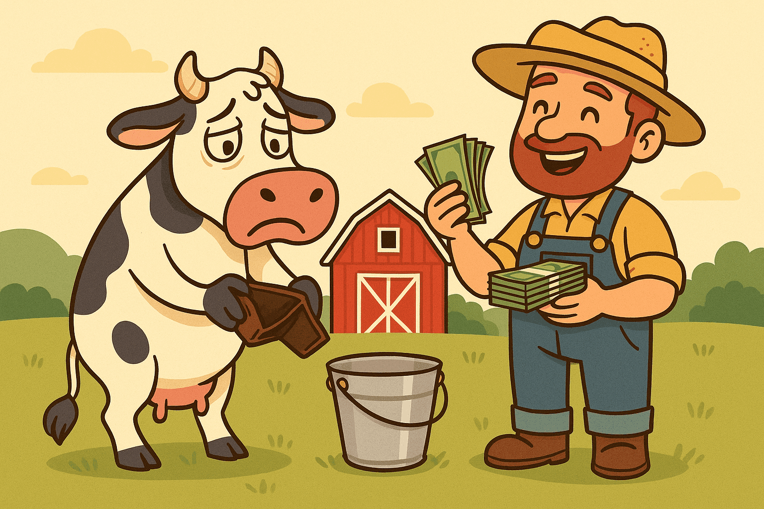 A cartoon cow looking sadly at an empty wallet while a farmer nearby counts stacks of money, with a milk bucket and barn in the background creating a visual pun about being 'milked dry'